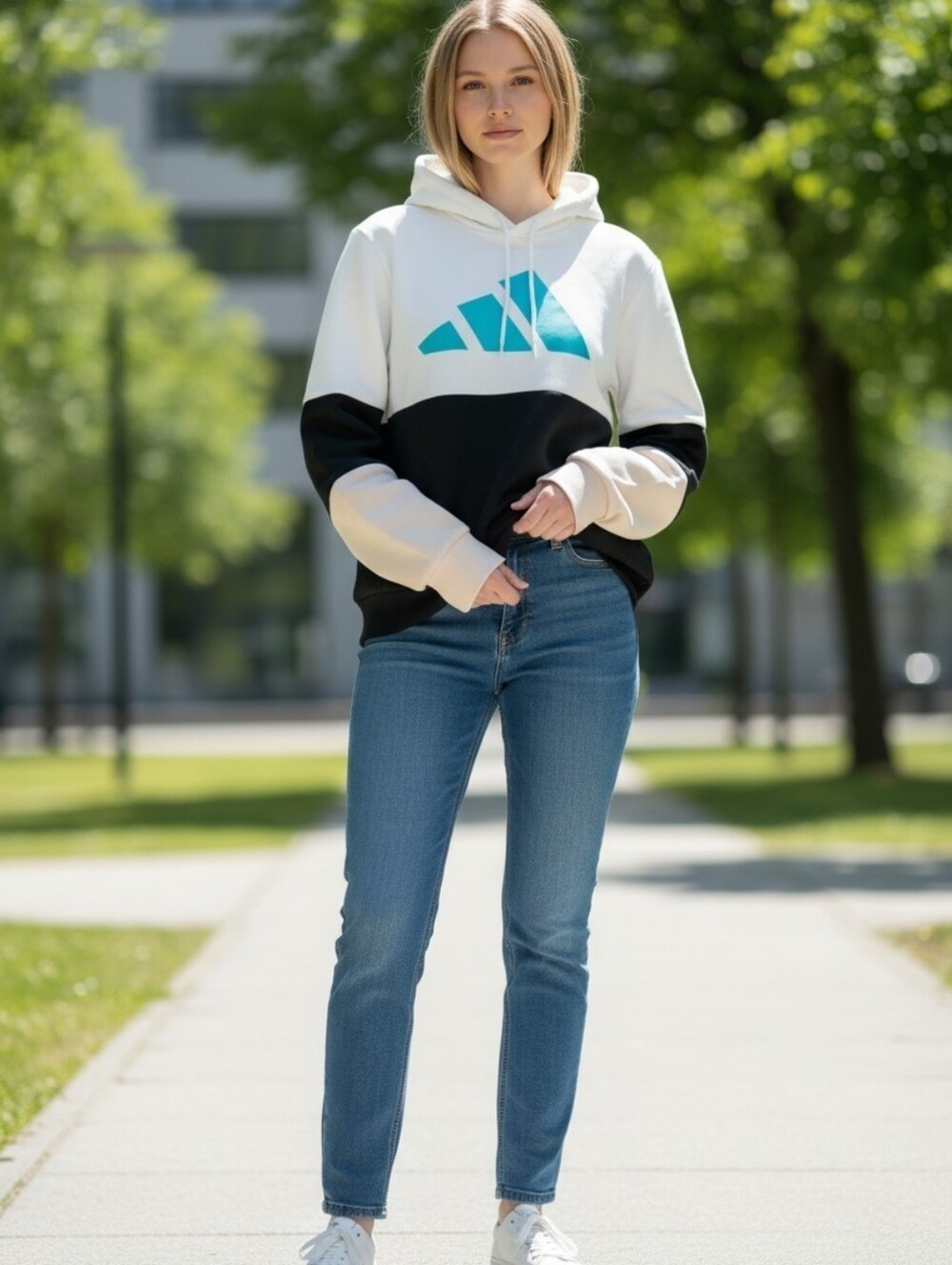 adidas White Colorblock Zip-Up Hoodie with Teal Logo